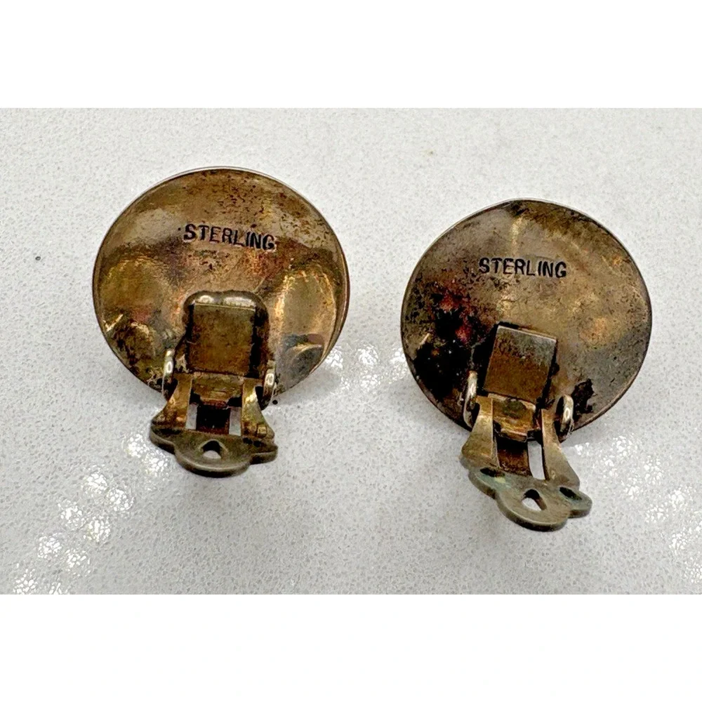Vintage Sterling Silver Modernist Saucer Bezel Set Stone Clip-on Earrings .5